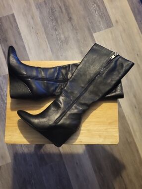 Steve Madden🖤 Women's Classic Chic Black Leather Wedge Knee-High Boots